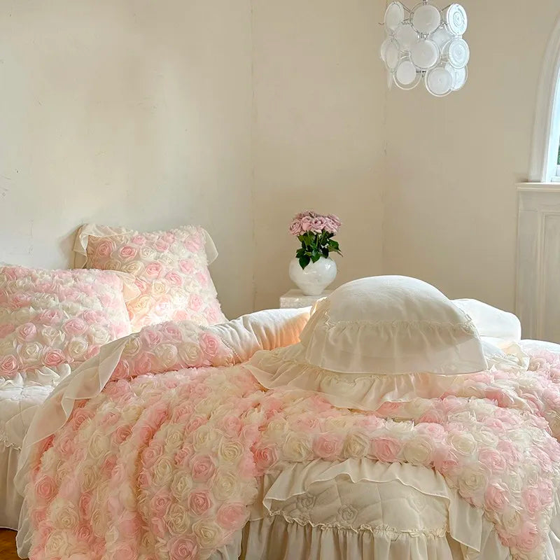 Ivory and pink floral duvet cover set with velvet for cottagecore interiors