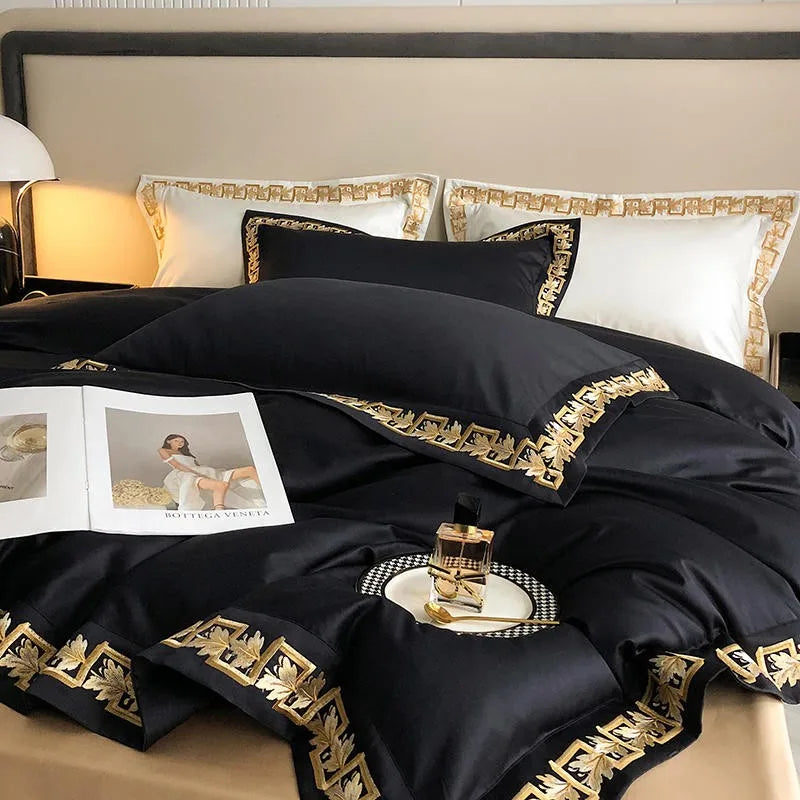 Modern luxury bedroom styled with black & gold bedding, leaf embroidered Egyptian cotton duvet cover set – LINKORI Blacklabel