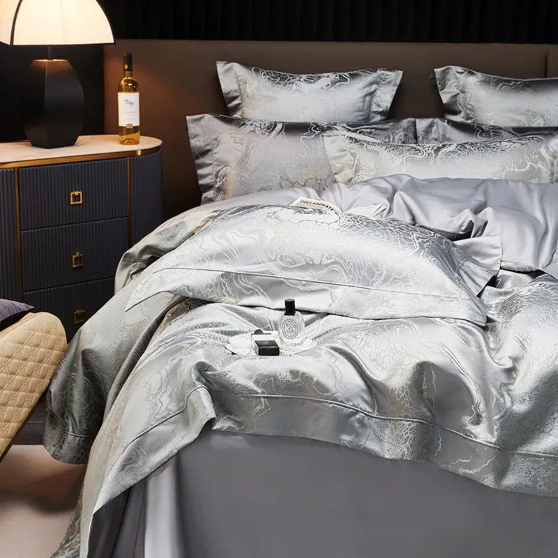 Silver Grey Jacquard Duvet Cover Set - Luxury Egyptian Cotton Bedding 4/6-Piece Set | LINKORI The Royal Silver