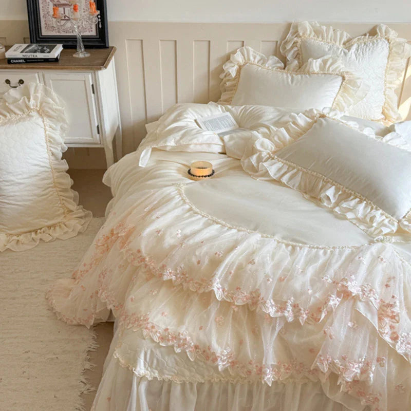 Layered lace and pillows, embroidered trim, lace-ruffled shams — 100% cotton —cottagecore bedroom