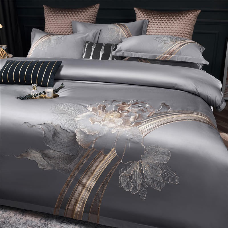 Liliflo Luxury Embroidered Grey Duvet Cover Set – 100% Egyptian Cotton, Ultra-Soft & Elegant (4-Piece Set) + FREE Gift!