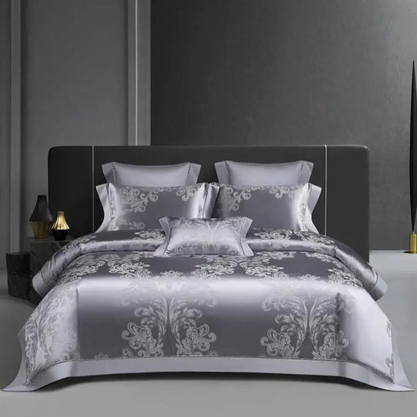 Lavender Grey Damask Duvet Cover Set - Luxury 1000TC Egyptian Cotton Satin Bedding 4/7-Piece Set | LINKORI Florad Grey