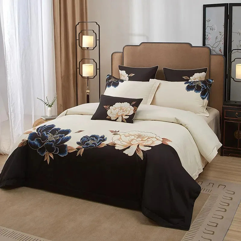 Artistic blue & gold floral embroidered bedding on black & ivory base, luxury 4-piece Egyptian cotton duvet cover set – LINKORI Luxeflower