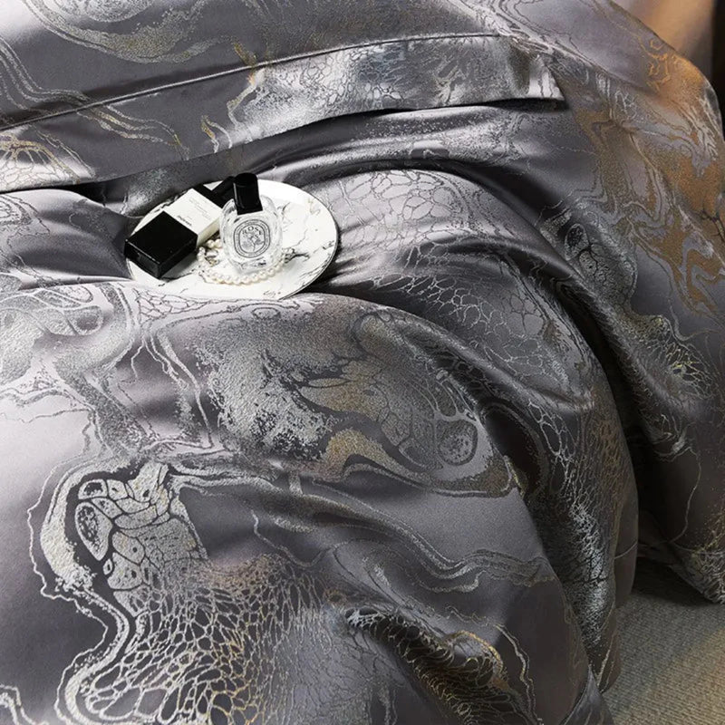 Deep Grey Jacquard Duvet Cover Set - Luxury Egyptian Cotton Bedding 4/6-Piece Set | LINKORI The Royal Deep Grey