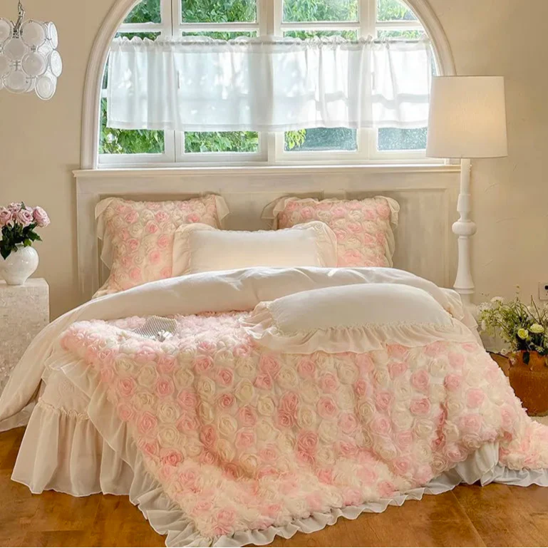 Princess bedroom complete bedding set - romantic floral duvet cover with velvet and lace princess style decor
