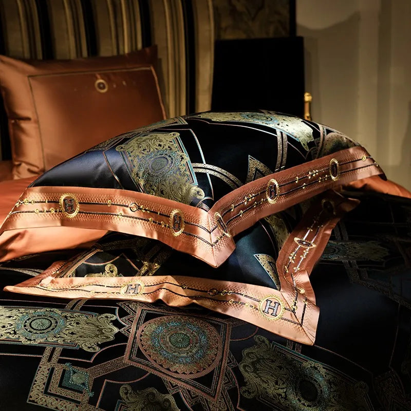Black & Gold Baroque Satin Jacquard Bedding – Egyptian Cotton Satin Duvet Cover 4-Piece Set | LINKORI Royal H. Black