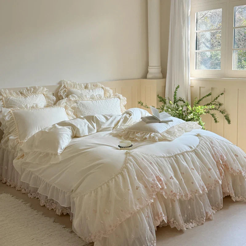 Luxury lace bedding full set, quilted top, scalloped embroidered hem, lace shams — 100% cotton 600TC — cottagecore bedroom