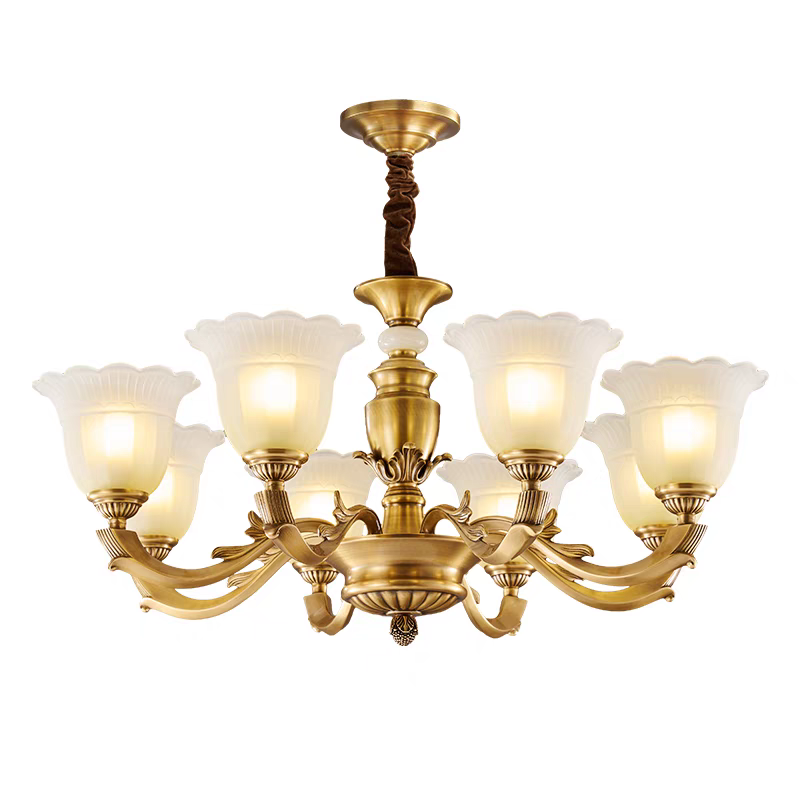 antique gold chandelier with frosted tulip glass shades, classic LED dining room light – LINKORI CLASSIC EMBRACE S.