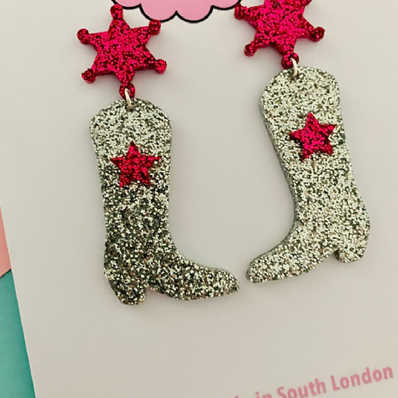 Silver and Pink Glitter Cowboy Boot Earrings