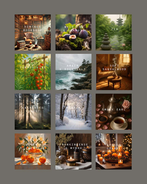 Collage of various scenic and product images with text labels on a gray background