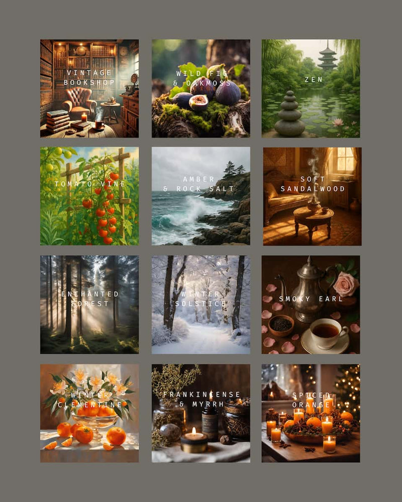 Collage of various scenic and product images with text labels on a gray background