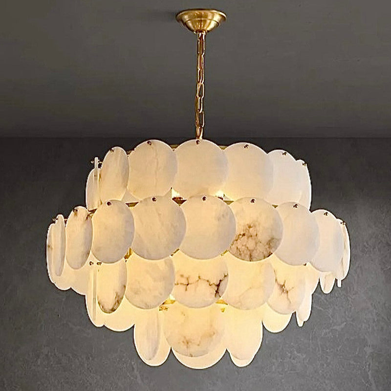Natural Alabaster Chandelier - Modern 3-Tier Cascading Disc Gold Pendant Light for Dining Room & Foyer | LINKORI RODDLE