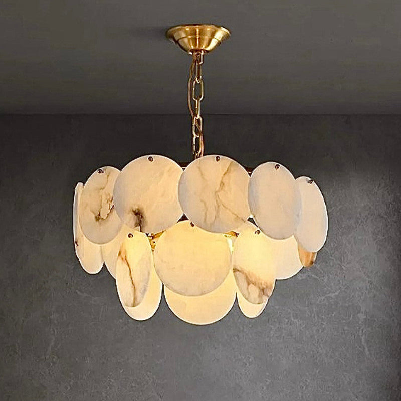 Natural Alabaster Chandelier - Modern 3-Tier Cascading Disc Gold Pendant Light for Dining Room & Foyer | LINKORI RODDLE