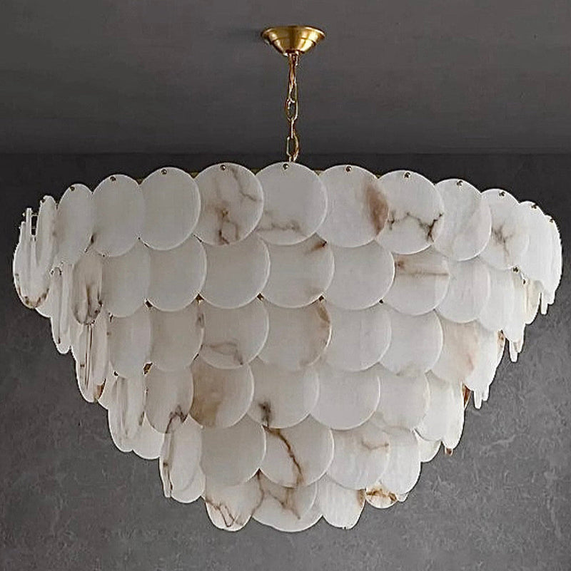 Natural Alabaster Chandelier - Modern 3-Tier Cascading Disc Gold Pendant Light for Dining Room & Foyer | LINKORI RODDLE