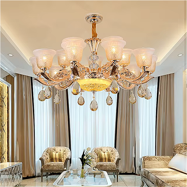 Luxury Vintage Crystal Chandelier – 15-Light Glass Pendant with Etched Shades for Dining Room & Lounge | LINKORI TULLIPH
