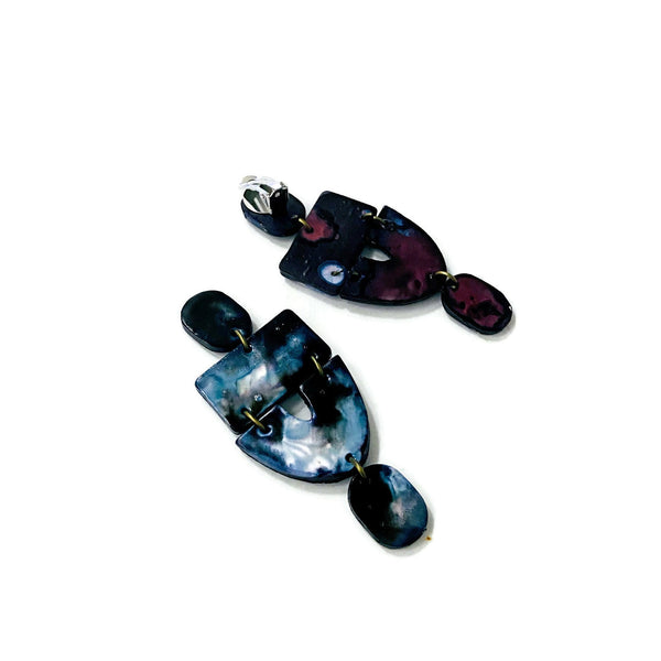 Black & White Marble Clip On Earrings- "Lee" - Sassy Sacha Jewelry