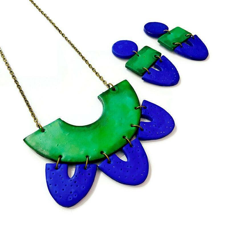 Colorful Clip On Earrings Handmade from Clay Painted Green Blue - Sassy Sacha Jewelry