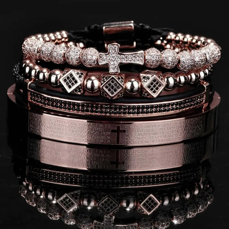 Cross Deluxe Bracelets - Gold - Beaded - Bangle - Black - Cross