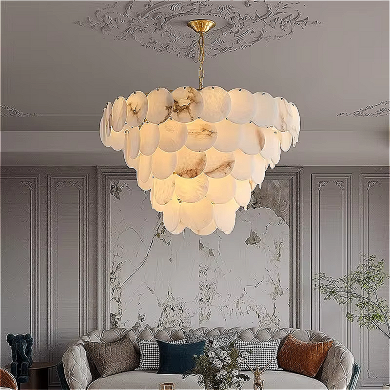 Natural Alabaster Chandelier - Modern 3-Tier Cascading Disc Gold Pendant Light for Dining Room & Foyer | LINKORI RODDLE