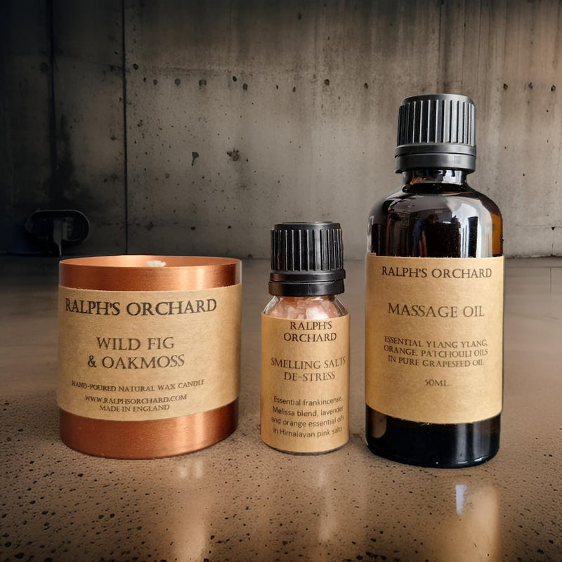 Destress Gift Set | Candle, Massage Oil & Smelling Salts