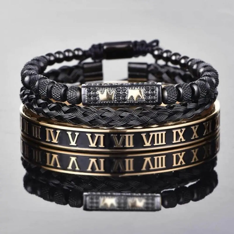 Double Crown Deluxe Bracelets - Gold - Crown - Beaded - Bangle - Black