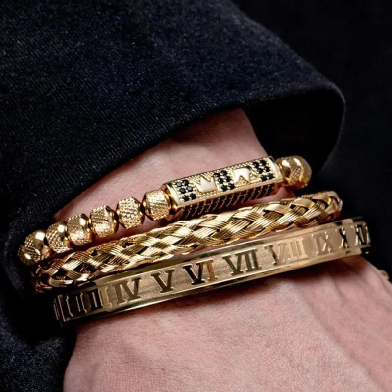 Double Crown Deluxe Bracelets - Black - Bangle - Roman - Bracelet - Gold
