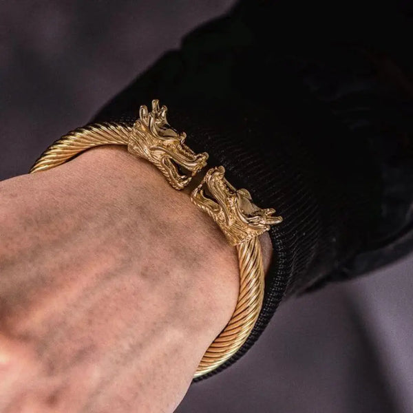 Double Dragon Cuff Bangle - Gold - Double - Bangle - Dragon - Classic