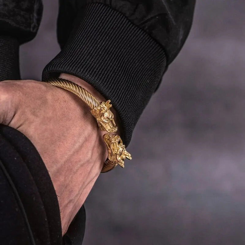 Double Dragon Cuff Bangle - Double - Dragon - Gold - Bangle - Stainless