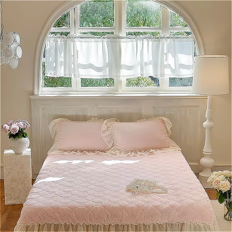 Blush pink velvet bedding with ivory ruffled lace for romantic bedroom.