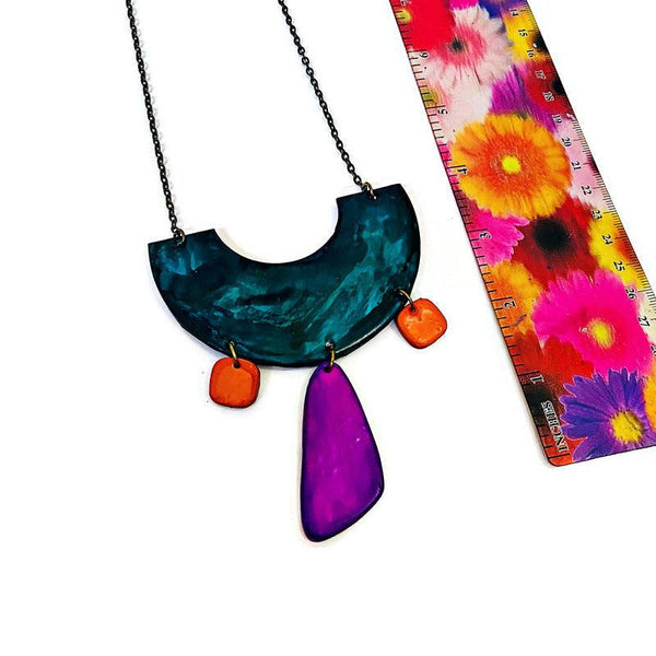 Funky Statement Necklace in Teal, Orange, Purple- "Ricki" - Sassy Sacha Jewelry