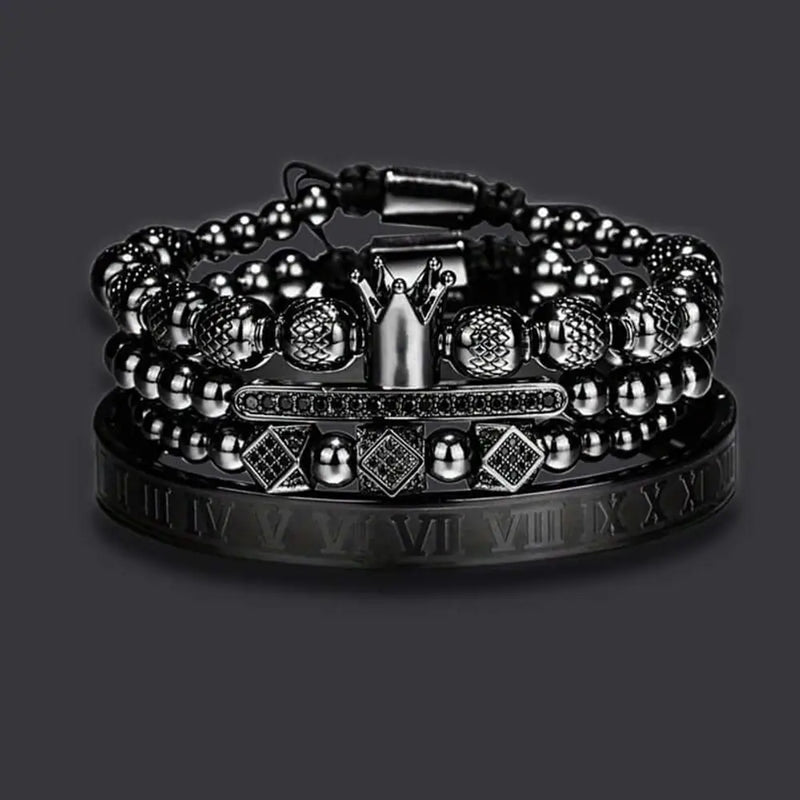 King Deluxe Bracelets - Roman - Bangle - Beaded - Silver - Black