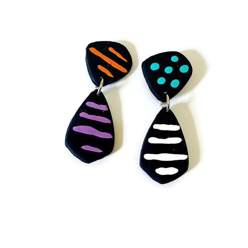Large Abstract Earrings Black with Colorful Stripes & Polka Dots - Sassy Sacha Jewelry