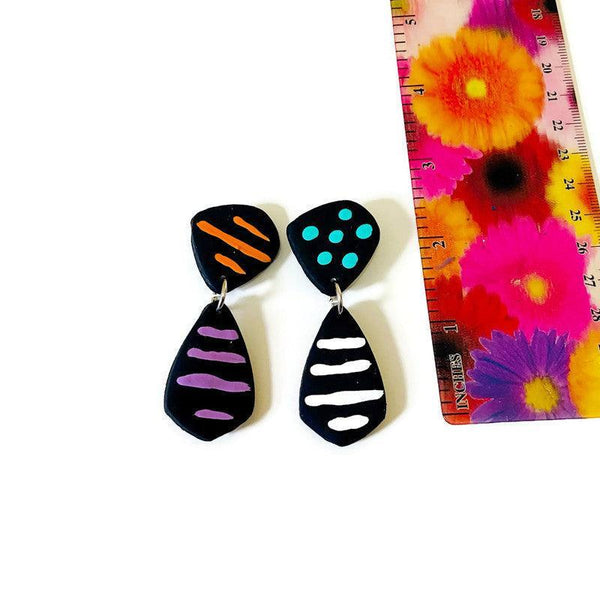 Large Abstract Earrings Black with Colorful Stripes & Polka Dots - Sassy Sacha Jewelry