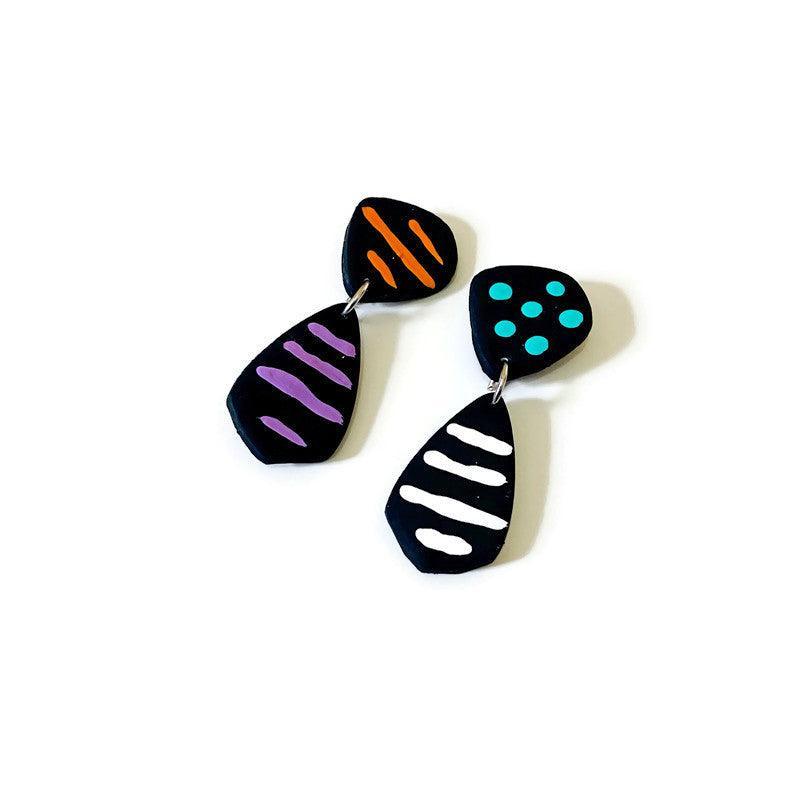 Large Abstract Earrings Black with Colorful Stripes & Polka Dots - Sassy Sacha Jewelry