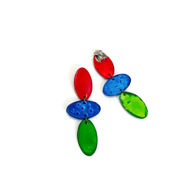 Long Colorful Clip On Earrings in Red, Blue & Green- "Abby" - Sassy Sacha Jewelry