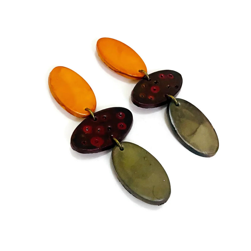 Long Colorful Clip On Earrings in Red, Blue & Green- "Abby" - Sassy Sacha Jewelry