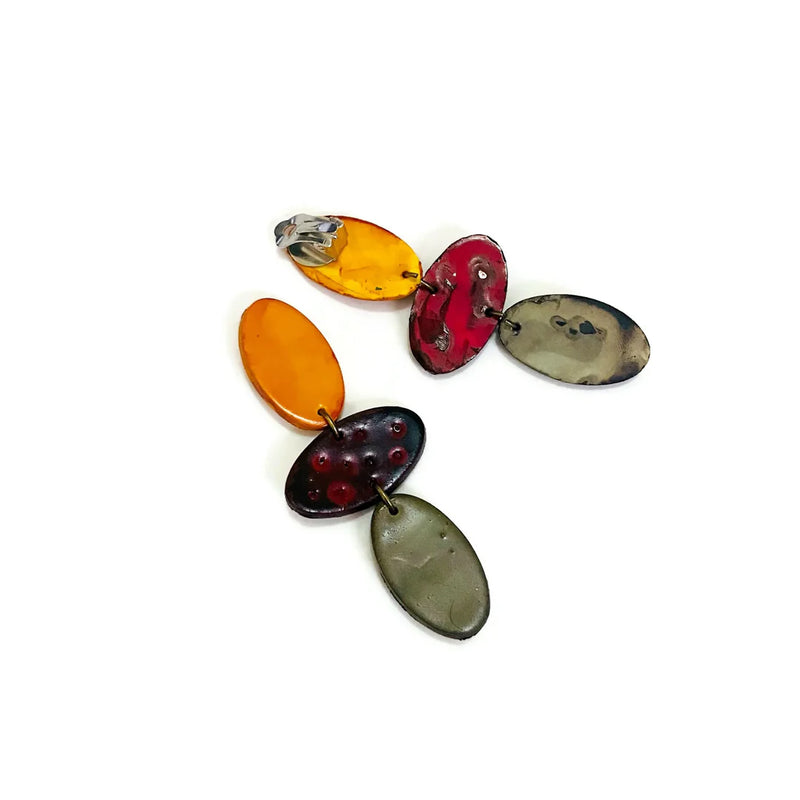 Long Colorful Clip On Earrings in Red, Blue & Green- "Abby" - Sassy Sacha Jewelry