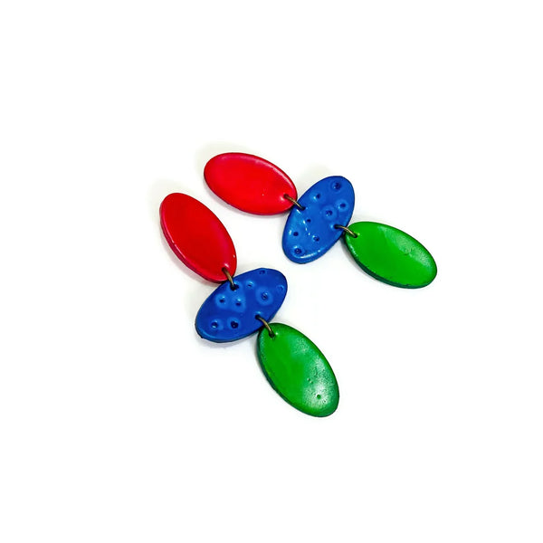 Long Colorful Clip On Earrings in Red, Blue & Green- "Abby" - Sassy Sacha Jewelry