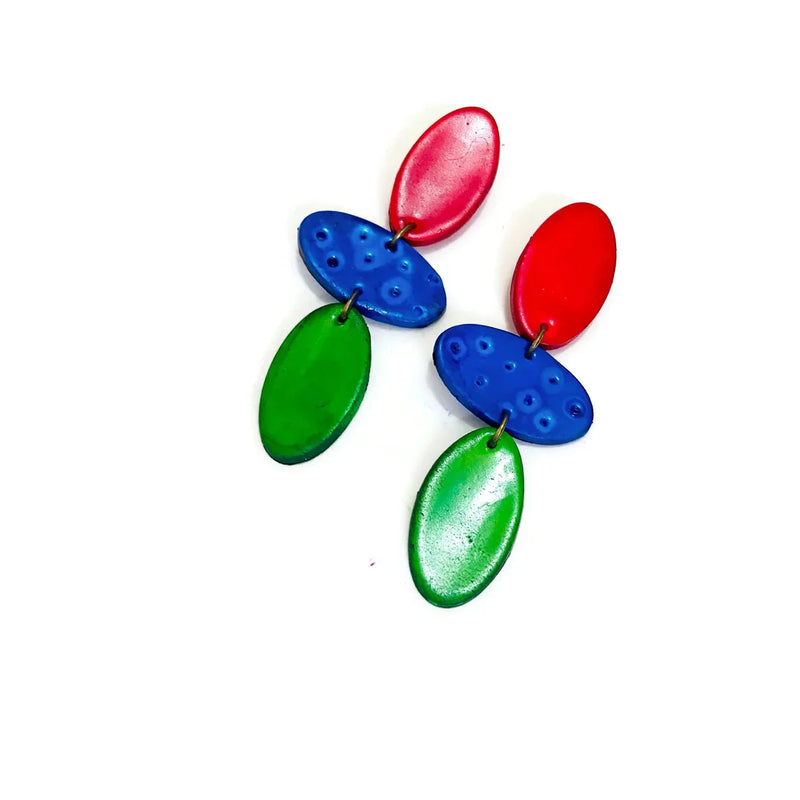 Long Colorful Clip On Earrings in Red, Blue & Green- "Abby" - Sassy Sacha Jewelry