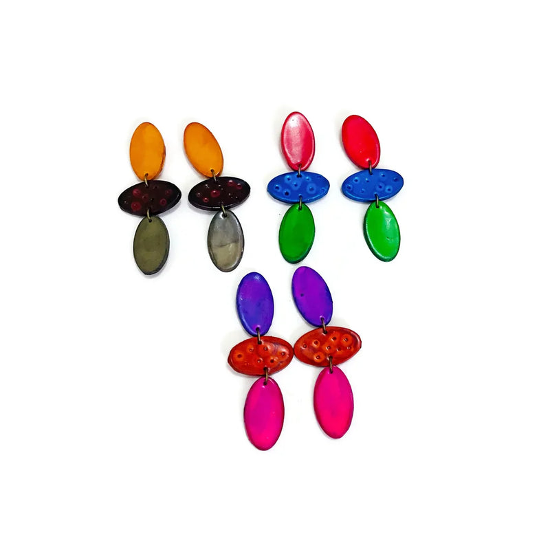 Long Colorful Clip On Earrings in Red, Blue & Green- "Abby" - Sassy Sacha Jewelry