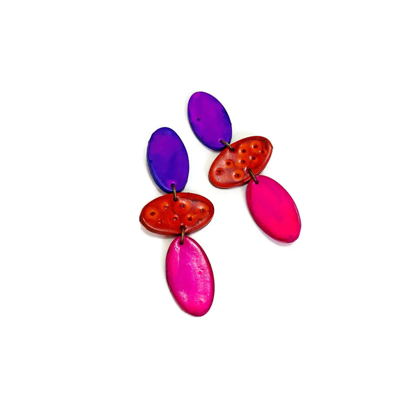 Long Colorful Clip On Earrings in Red, Blue & Green- "Abby" - Sassy Sacha Jewelry