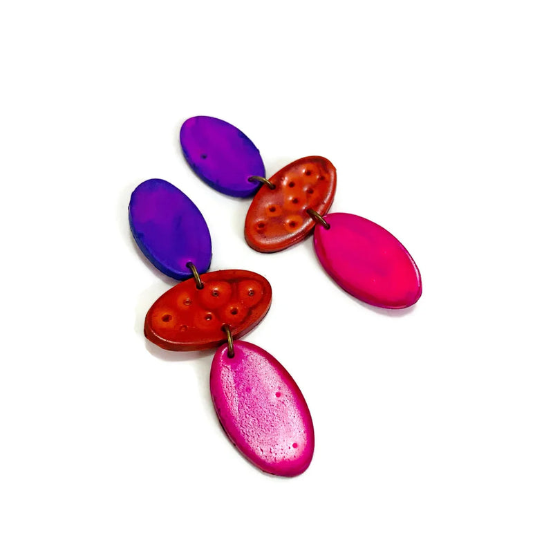 Long Colorful Clip On Earrings in Red, Blue & Green- "Abby" - Sassy Sacha Jewelry