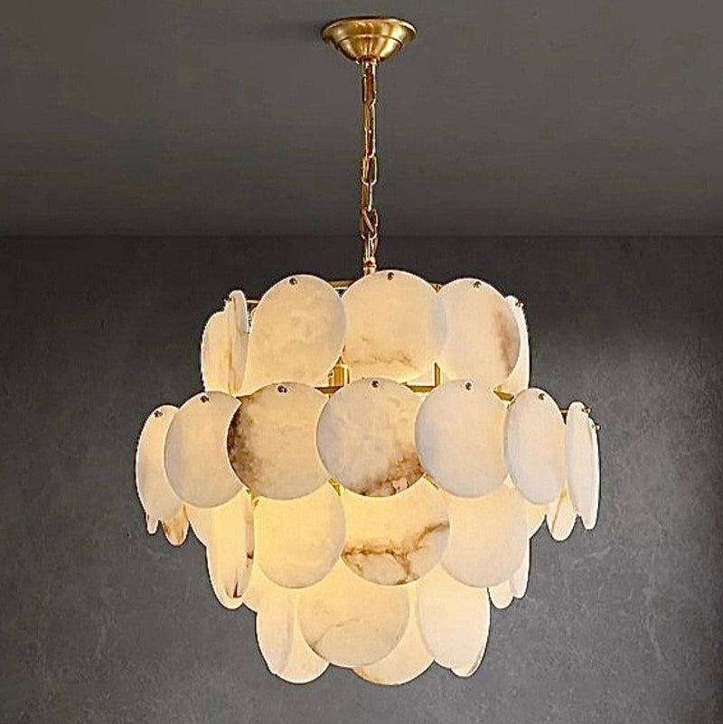 Natural Alabaster Chandelier - Modern 3-Tier Cascading Disc Gold Pendant Light for Dining Room & Foyer | LINKORI RODDLE