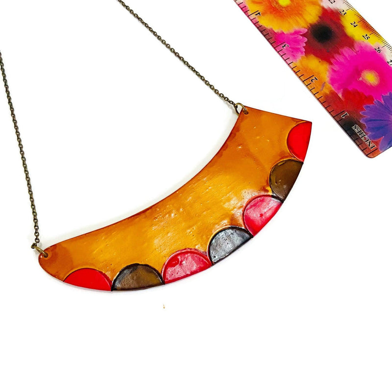 Mustard Yellow Earrings with Red and Brown Dots - Sassy Sacha Jewelry