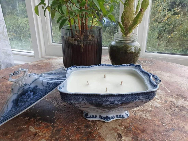 Vintage gravy bowl candles with lid and Jasmine, Rose, Eucalyptus fragrance.
