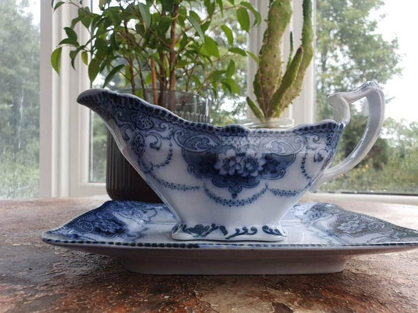 Blue and white teacup and saucer on a wooden surface with plants in the background