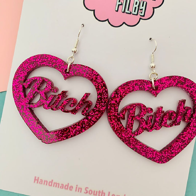 Hot Pink Glitter B*TCH Earrings