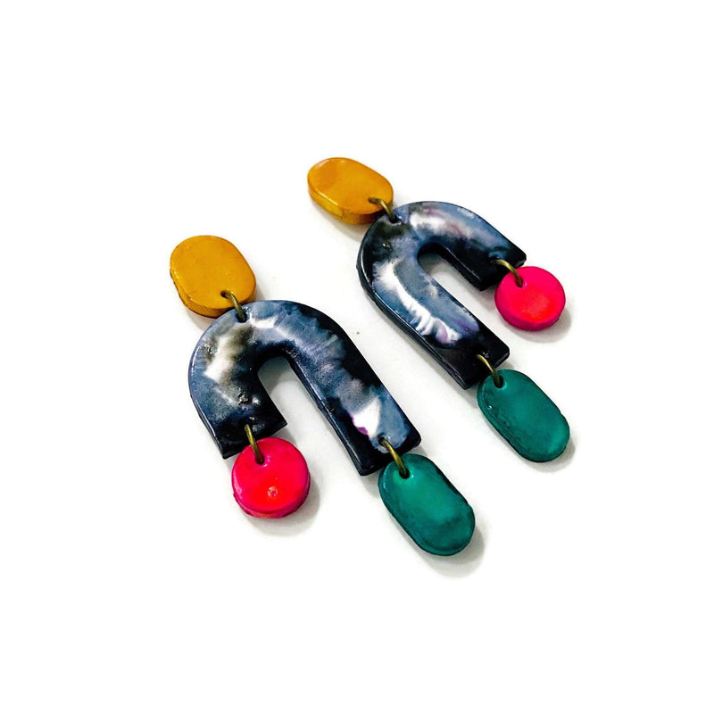 Quirky Asymmetric Clip On Earrings in Marble Black & White with Colorful Ascents - Sassy Sacha Jewelry