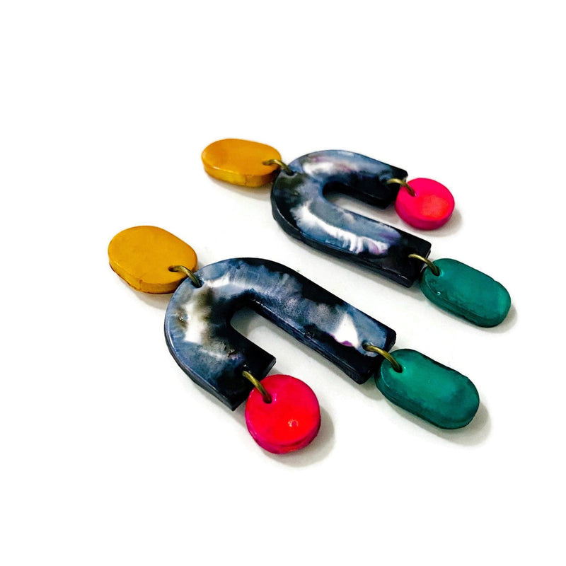 Quirky Asymmetric Clip On Earrings in Marble Black & White with Colorful Ascents - Sassy Sacha Jewelry