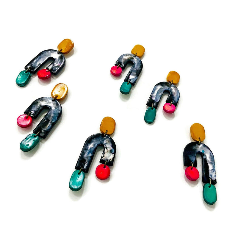 Quirky Asymmetric Clip On Earrings in Marble Black & White with Colorful Ascents - Sassy Sacha Jewelry